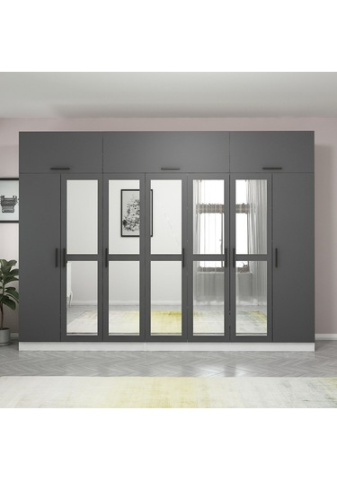 Minar Kale 7 Kapaklı 5 Aynalı 4 Ç Dolap Ve Yüklük Beyaz Antrasit 255cm Çok Renkli