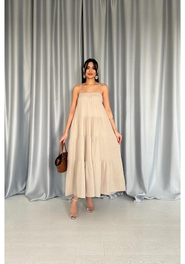 Taş Askılı Parçalı Müslin Elbise Altın