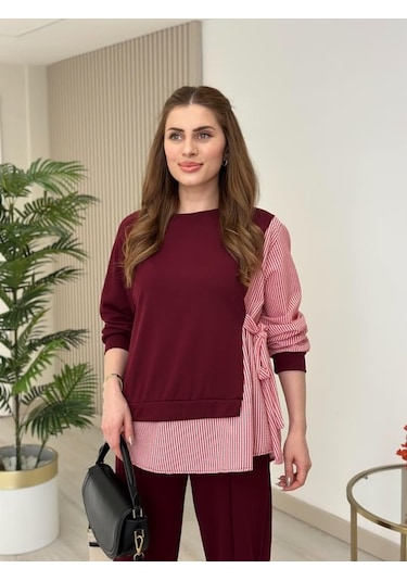Kadın Gömlek Detay Çizgili Yandan Bağlamalı Ikili Takım Bordo