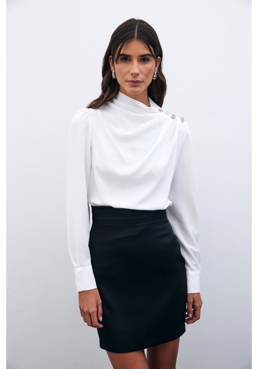 Sateen Düğmeleri Taş Detaylı Bluz - Ekru