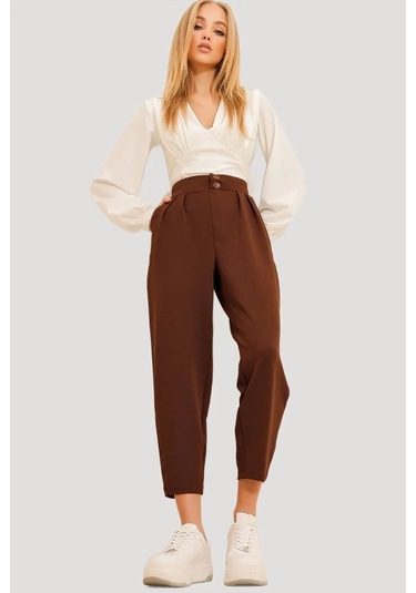 Çift Düğmeli Havuç Model Bilek Boy Kadın Kumaş Pantolon Kahverengi