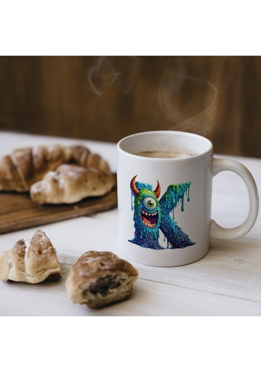 K Harfi Bardak, Sevimli Canavarlar Harflı Bardak Hediyesi Porselen Beyaz