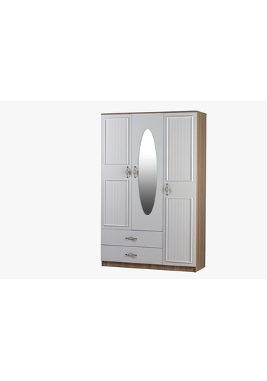Country Beyaz Ayna Detaylı Çekmece Detaylı 3 Kapaklı Dolap