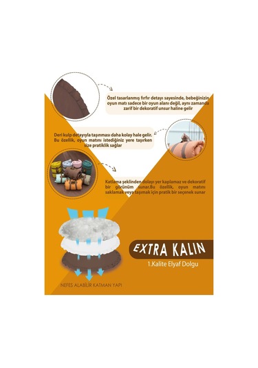 Mordesign Bebek/çocuk Oyun Halısı, Yenidoğan Emekleme Pedi, Aktivite Matı, Çok Amaçlı Minder, Kampçı Serisi 110 X 110 Acı Kahve