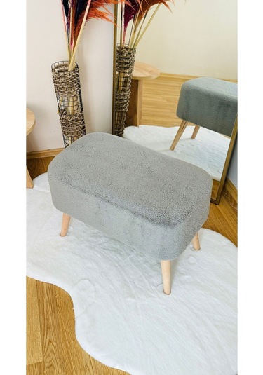 Ahşap Ayaklı Teddy Kumaş Dikdörtgen Dekoratif Puf Bench Gri