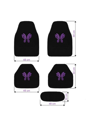 Kelebek Desenli Mor Nakışlı 5 Parça Siyah Oto Halı Paspas Seti Kadın Sürücülere Özel Şık Tasarım