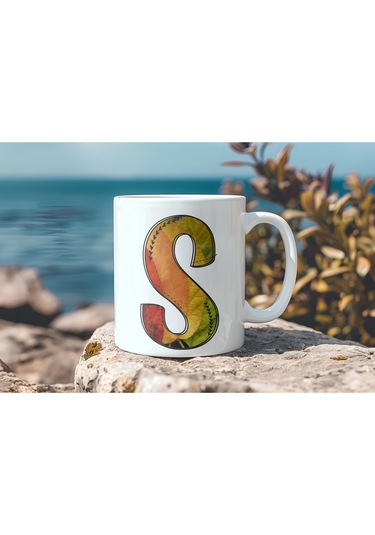 S Harf Yaprak Renkleri İle Kupa Bardak - Kişiye Özel Alfabe Harfli Bardak - Hediye Beyaz