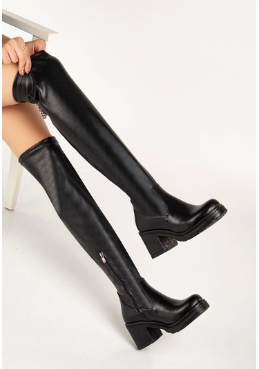 Siyah Süet Streç Günlük Kalın Topuklu Kadın Çizme Siyah