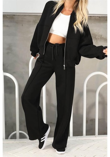 Neşeli Butik Kadın Penye 3 İplik Şardonlu Kumaş Eşofman Takımı Gts022 - Siyah Siyah