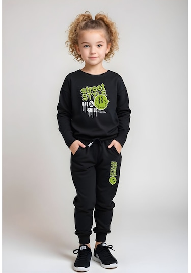 Emoji Baskılı Kız Çocuk Alt-üst Takım Siyah