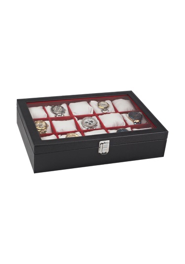 Chavin 15li Siyah Deri Lüx Seri Ahşap Camlı Saat Kutusu st15-49