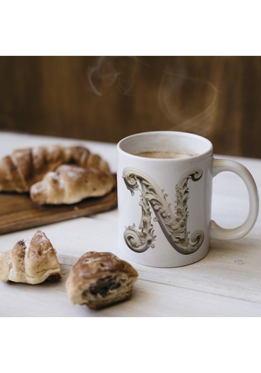 N Harfi Bardak, Monogram 330 Ml Barok Oymalı Görünüm Beyaz