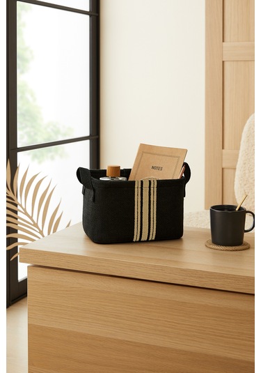 Ocean Home Textile Çizgili Siyah Renk Jüt Sepet 24 x 17 x 14 cm