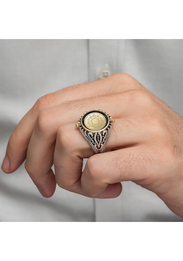 Çift Tarafli Mührü Süleyman İşleme 925 Gümüş Erkek Yüzük