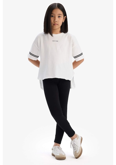 DeFacto Kız Çocuk 2'li Takım Kısa Kollu Baskılı Tişört Tayt E3815A825SMER105 Ekru