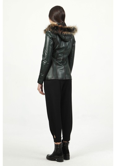 Dericlub Mistral Kadın Kapüşonlu Hakiki Deri Kaban Yeşil Yeşil