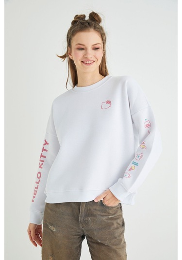 Hello Kitty Lisanslı Baskılı Kalın Oversize Beyaz Sweatshirt Renkli