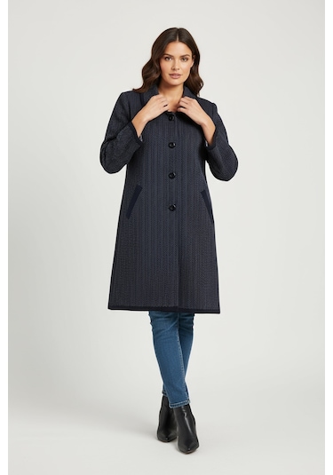 Kadın Önü Düğmeli Cepli Yakalı Kalın Triko Hırka Lacivert