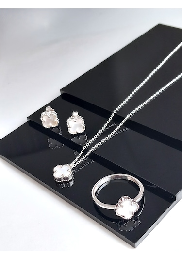 Gümüş Beyaz Yonca Van Clef Sedef Taşlı Kolye Küpe Yüzük