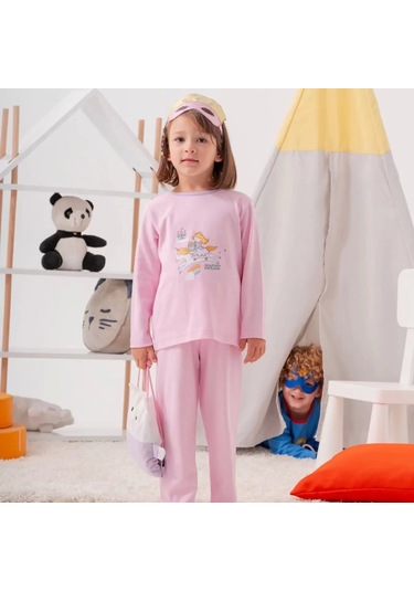 Unicorn Desenli Çanta Ve Maskeli % 100 Pamuk Kız Çocuk Pijama Takımı Pembe