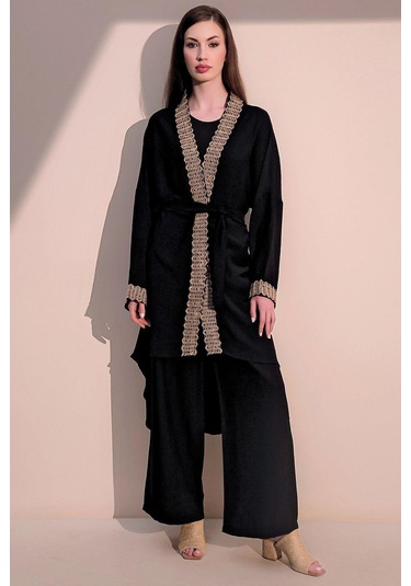 Kadın Siyah Şık Hasır Detaylı Kuşaklı Salaş Kimono - Tesettüre Uygun Siyah