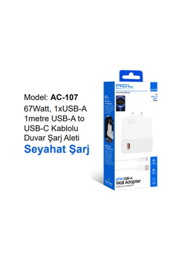 Ac-107 67watt, 1xusb-a 1metre Usb-a To Usb-c Kablolu Duvar Şarj Aleti