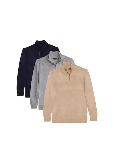 Erkek 3'lü Paket Taş-açık Gri-lacivert Slim Fit Dar Kesim Fermuarlı Dik Yaka Triko Kazak-41816 Çok Renkli