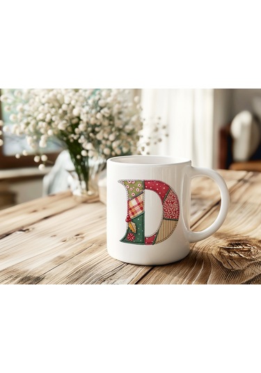 D Harfi Yılbaşı Temalı Kupa Bardak - Yeni Yıl Konsept Yamalı Efekt Tasarım - Noel Hediye Beyaz