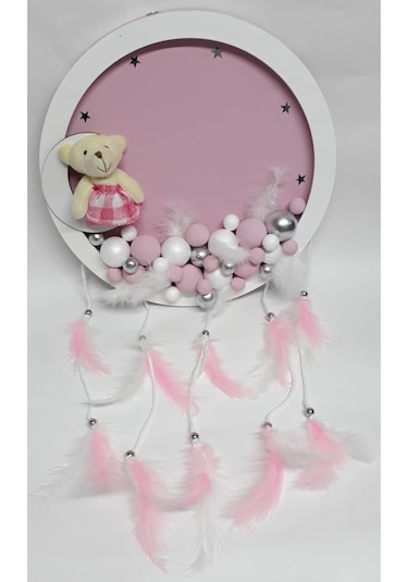 Tüfekçioğlu Ayıcıklı Ledli Yuvarlak Ahşap Pano Bebek Kapı Süsü Beyaz - Pembe Gri