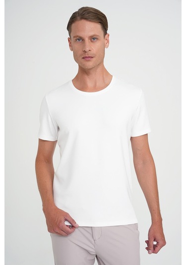 Comfort Fit Bisiklet Yaka Esnek Pamuk Düz Ekru Tişört Ts 915 Ekru