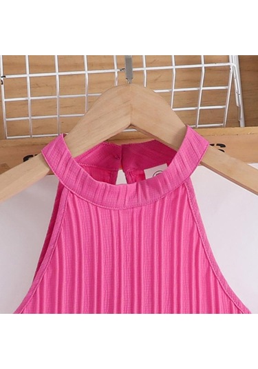 7-12y Kızlar Büyük Kız Takım Elbise Çocuk Yaz Yeni Moda Askılı Boyun Yelek Üst Dalga Şerit Pantolon 2 Adet Kırmızı