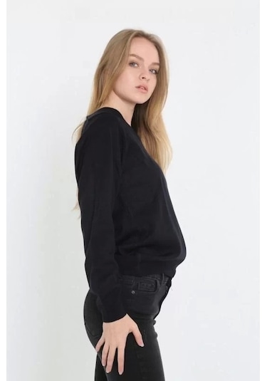 Blacktree Unisex Uzun Kol V Yaka Triko Kazak - Siyah Siyah