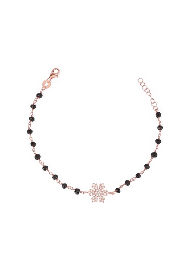 Zirkon Taşlı Pırlanta Montür Rose Altın Kaplama Siyah Rosary Papatya Gümüş Bileklik Gümüş - Rose Gold