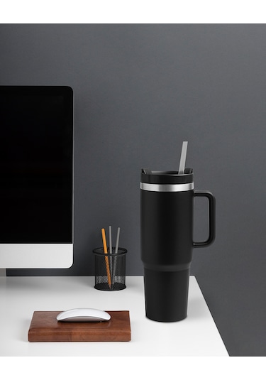 Siyah Paslanmaz Çelik Termos Pipetli 1200ml Siyah