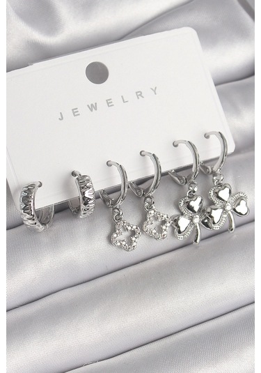 Shoecide Pirinç Gümüş Renk Sallantı Zirkon Taşlı Yonca Model Kadın Küpe Seti