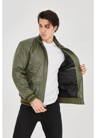 Erkek Fermuarlı İçten Elyaf Ve Astarlı Suni Deri Ceket - Koyu Yeşil Çok Renkli