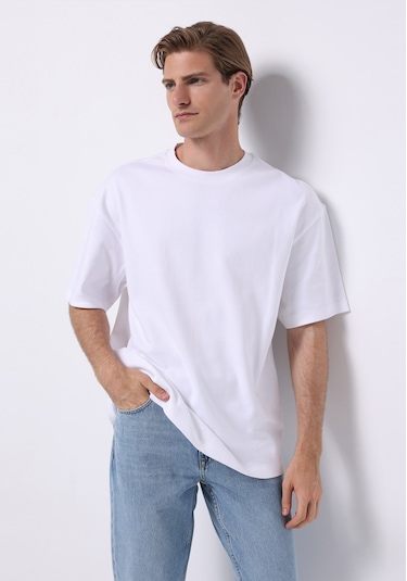 Colins Oversize Fit Yuvarlak Yaka Düz Erkek Beyaz Kısa Kol Tişört Cl1076602 Q1.v1 Wht Beyaz