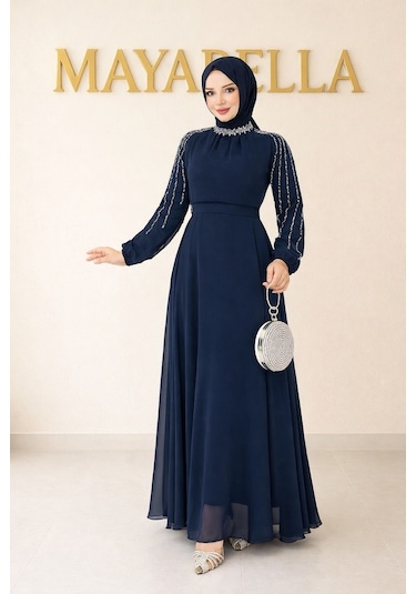 Mayabella İşlemeli Abiye Tesettür 20251311-mb3 Lacivert