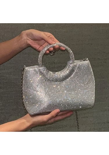 Willowhaven Silvery Renkli Kristal Detaylı Akrilik Kova Çanta Çıkarılabilir Zincir Kayış Gümüşi