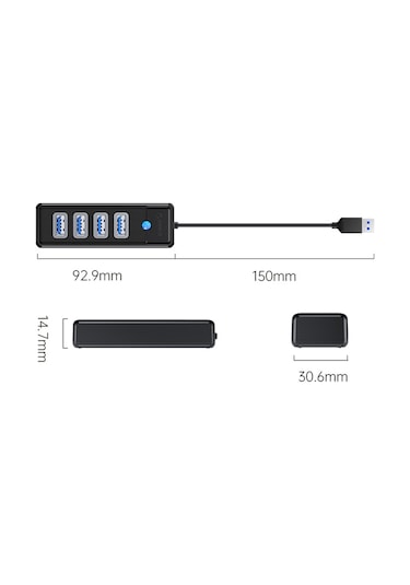 Orico USB3.0 4 Portlu 5Gbps Çoklayıcı HUB, 1M, Siyah, PW4U-U3-10
