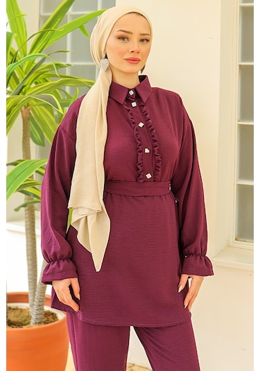 Fırfır Yaka Tunik Pantolon İkili Takım 930 - Mürdüm