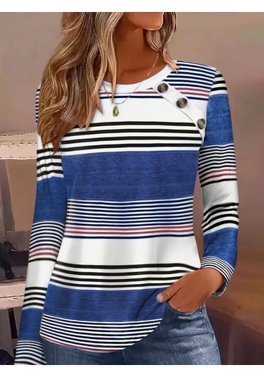 Nnstartshopping Kadın Uzun Kollu Bisiklet Yaka Düğme Detaylı Desenli Süprem Bluz Mavi