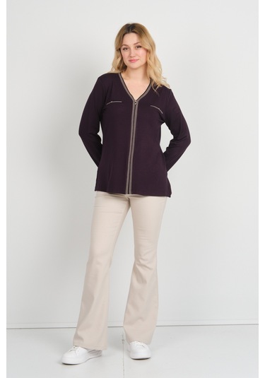 Detay Triko Kadın Süs Cepli Toka Detaylı Uzun Kol Anne Bluz 5717 Mürdüm Mürdüm