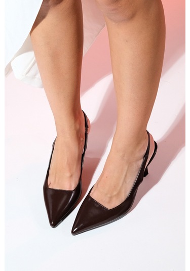 Luvishoes Flem Kahve Cilt Kadın Sivri Burun Arkası Açık İnce Topuklu Ayakkabı Kahverengi