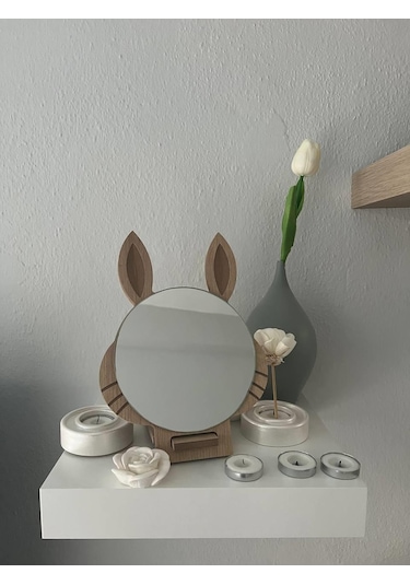 Masaüstü Kahverengi Renk Hediyelik Dekoratif Makyaj Aynasi,Tavşan Beyaz