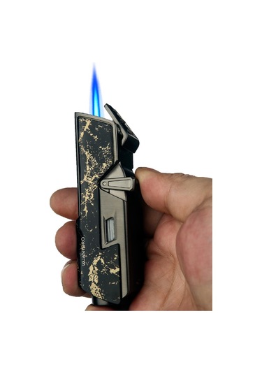 Quantoro Tek Torch Pürmüz Delicili/iğneli Siyah Gold Desenli Metal Puro Çakmağı