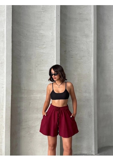 By Mop Volanlı Keten Şort Bordo S255058 Bordo