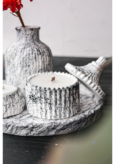 5 Parça Mermer Desen Dekoratif Beton Vazo Ve Vanilya Kokulu Soya 001