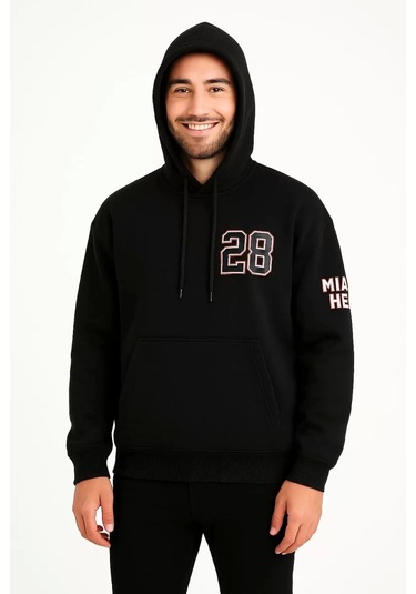 Üç İplik Kapüşonlu Ön Ve Arka Baskılı Sweatshirt Hoodie - Siyah Siyah
