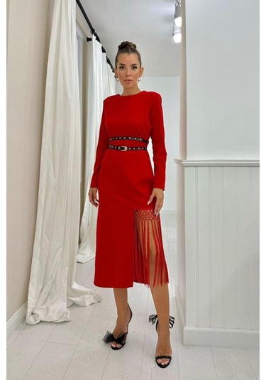 Kırmızı Eteği Püsküllü Atlas Elbise Kırmızı